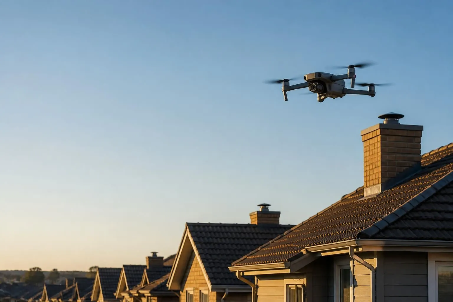 Aerial roof capture: a survey drone photographing a roof covering and chimneys from overhead, the method used to rate roofs rather than estimating them from the ground.
